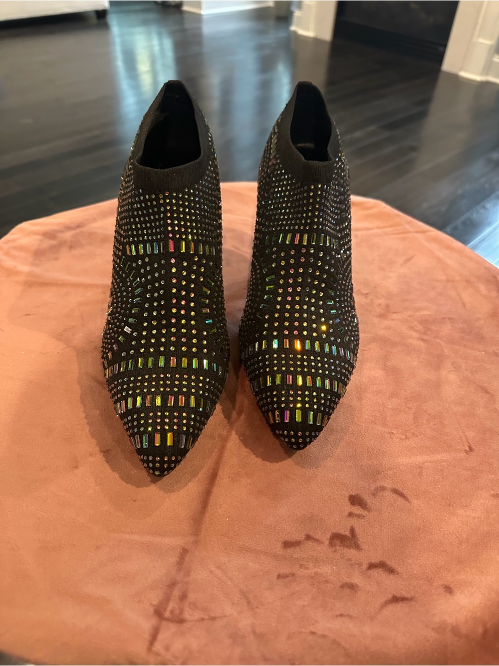 Tory Burch Black Multicolor Rhinestone Pointed Toe Booties